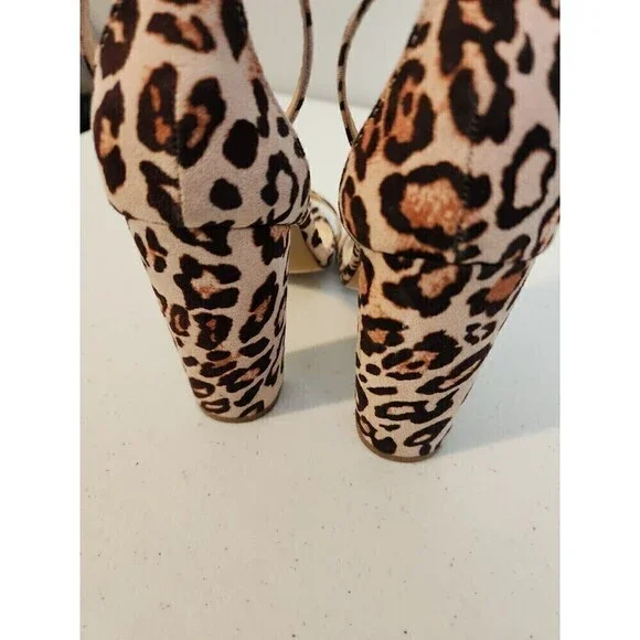 LULUS - LEOPARD Faux Suede ANKLE STRAP Open-Toe HEELS sz 7.5 see pic for wear - Picture 4 of 9